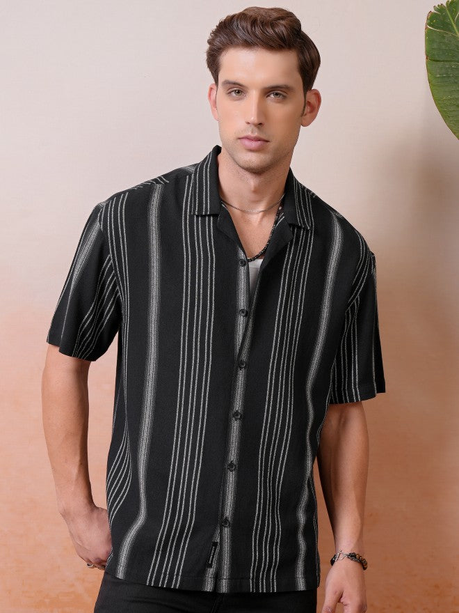 Locomotive Premium Men Black Dobby Textured Striped Cuban Collar Oversized Shirt - Black - Image 1