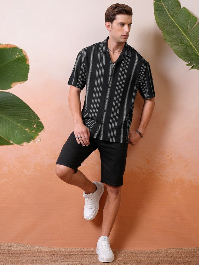 Locomotive Premium Men Black Dobby Textured Striped Cuban Collar Oversized Shirt - Black - Image 2