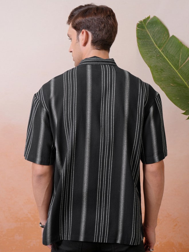 Locomotive Premium Men Black Dobby Textured Striped Cuban Collar Oversized Shirt - Black - Image 3