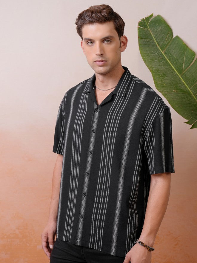 Locomotive Premium Men Black Dobby Textured Striped Cuban Collar Oversized Shirt - Black - Image 4