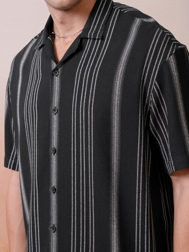 Locomotive Premium Men Black Dobby Textured Striped Cuban Collar Oversized Shirt - Black - Image 5