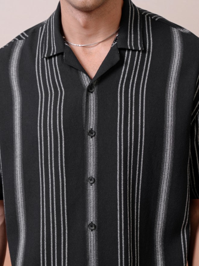 Locomotive Premium Men Black Dobby Textured Striped Cuban Collar Oversized Shirt - Black - Image 7