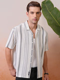Locomotive Premium Men Cream Dobby Textured Striped Cuban Collar Oversized Shirt - Cream - Image 1