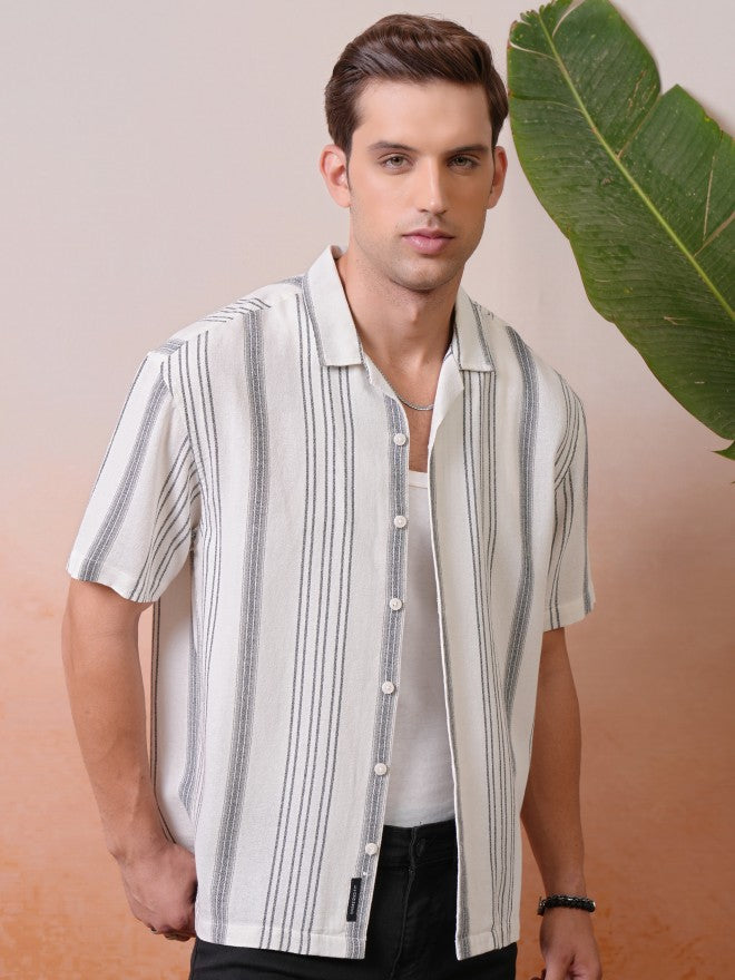 Locomotive Premium Men Cream Dobby Textured Striped Cuban Collar Oversized Shirt - Cream - Image 1
