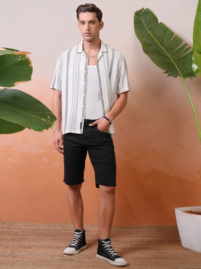 Locomotive Premium Men Cream Dobby Textured Striped Cuban Collar Oversized Shirt - Cream - Image 2