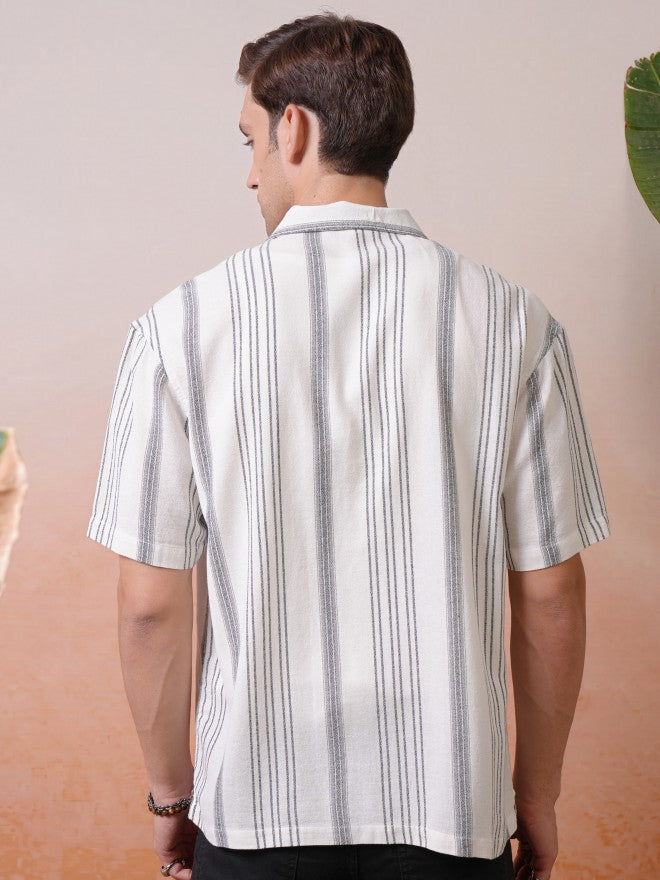 Locomotive Premium Men Cream Dobby Textured Striped Cuban Collar Oversized Shirt - Cream - Image 3