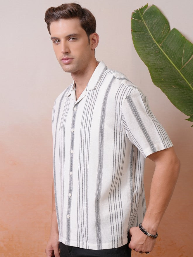Locomotive Premium Men Cream Dobby Textured Striped Cuban Collar Oversized Shirt - Cream - Image 4