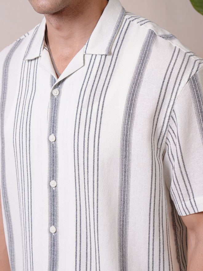 Locomotive Premium Men Cream Dobby Textured Striped Cuban Collar Oversized Shirt - Cream - Image 5