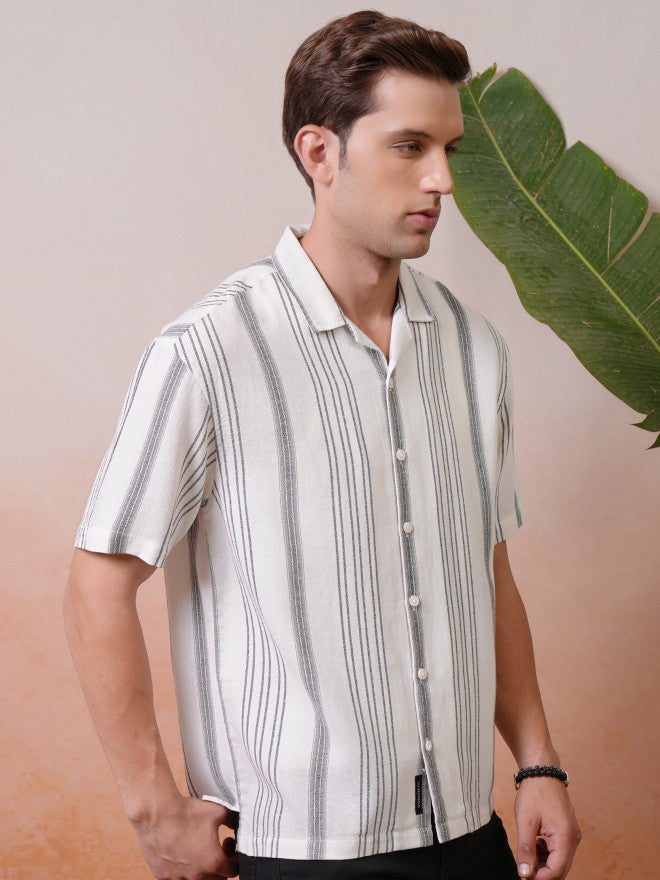 Locomotive Premium Men Cream Dobby Textured Striped Cuban Collar Oversized Shirt - Cream - Image 6