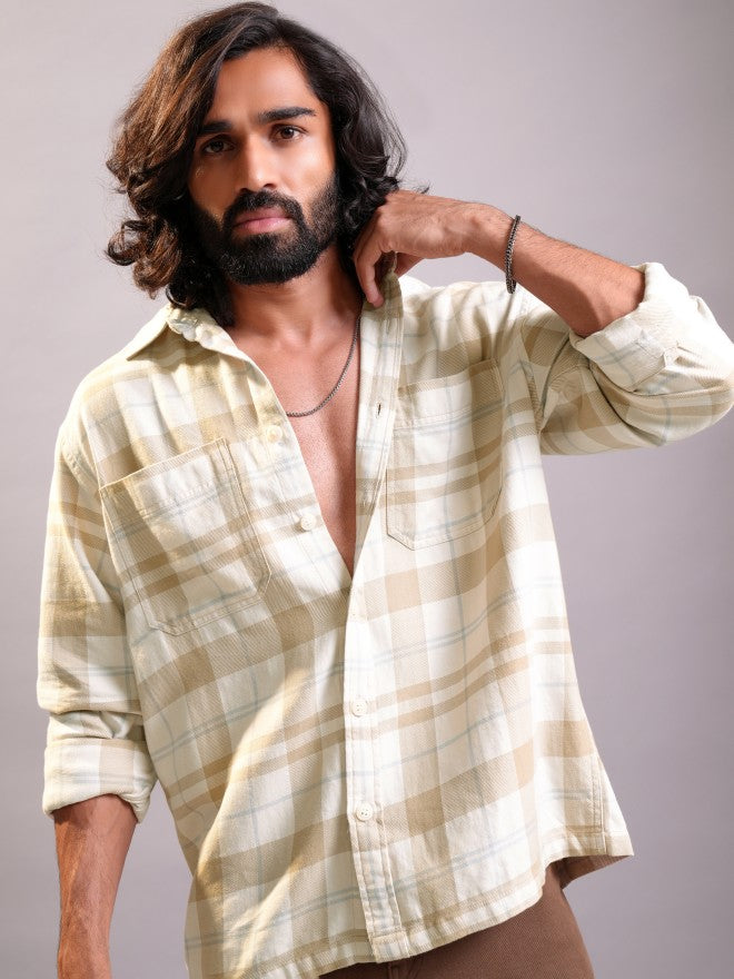 Locomotive Men Khaki Checked Oversized Fit Casual Shirt - Khaki - Image 1