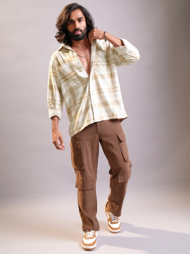 Locomotive Men Khaki Checked Oversized Fit Casual Shirt - Khaki - Image 2