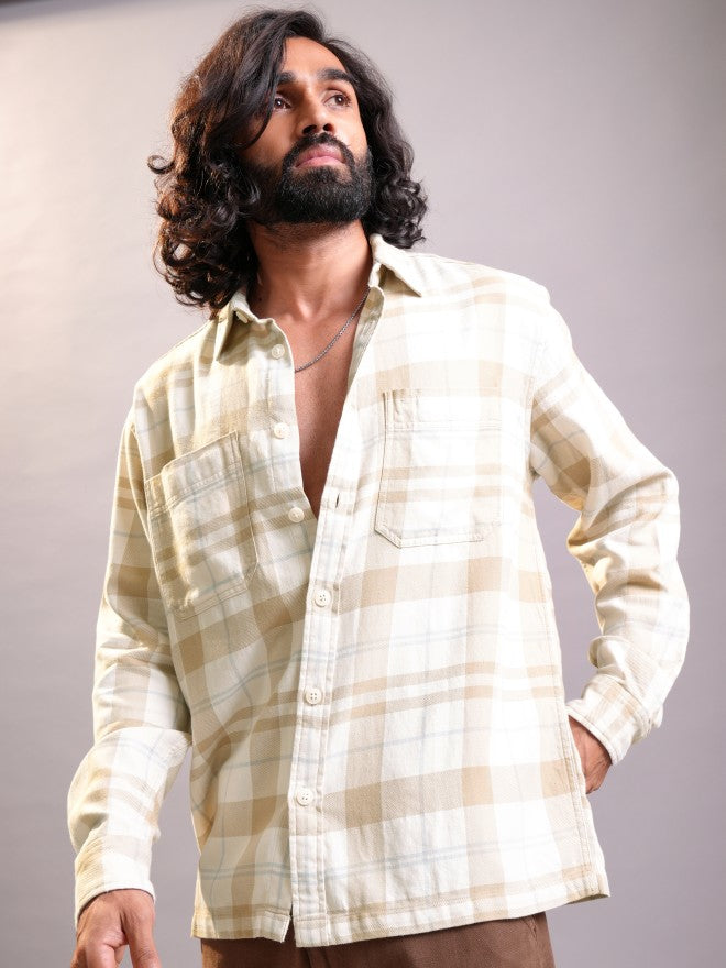 Locomotive Men Khaki Checked Oversized Fit Casual Shirt - Khaki - Image 4
