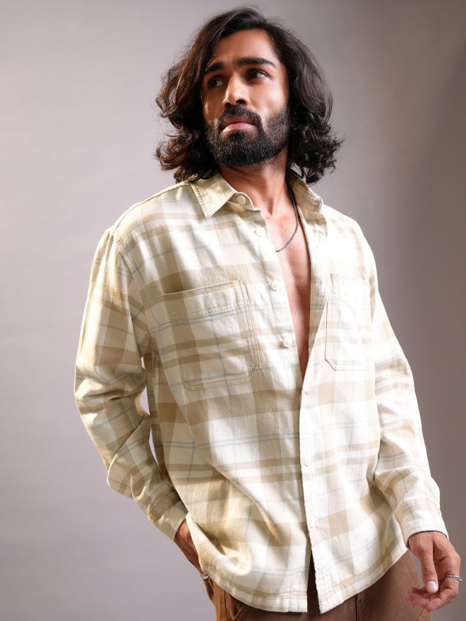 Locomotive Men Khaki Checked Oversized Fit Casual Shirt - Khaki - Image 6