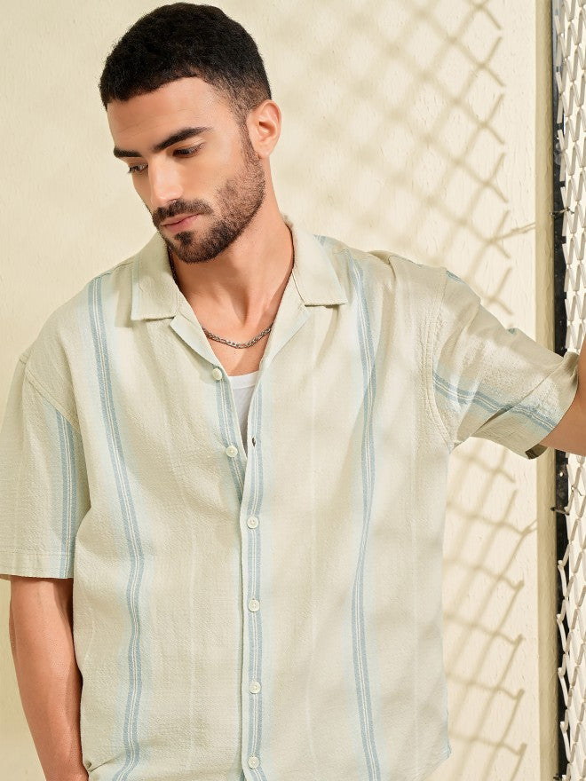 Highlander Men Green Striped Oversized Fit Casual Shirt - Green - Image 1