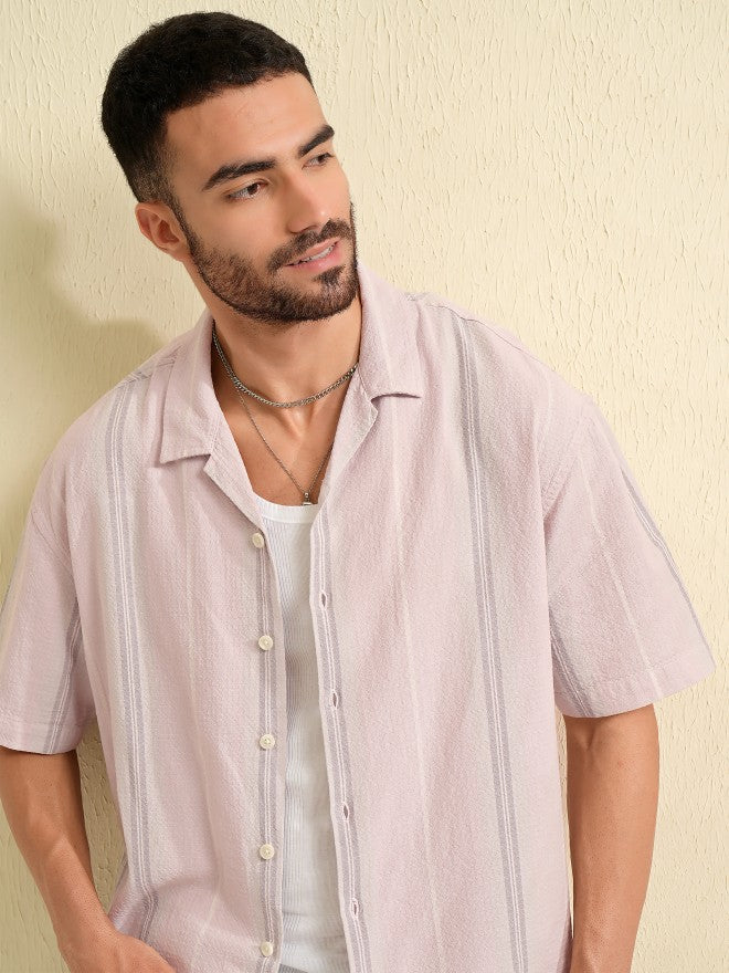 Locomotive Men Pink Striped Oversized Fit Casual Shirt - Pink - Image 1