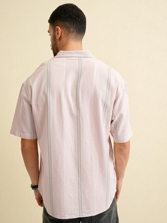 Locomotive Men Pink Striped Oversized Fit Casual Shirt - Pink - Image 3