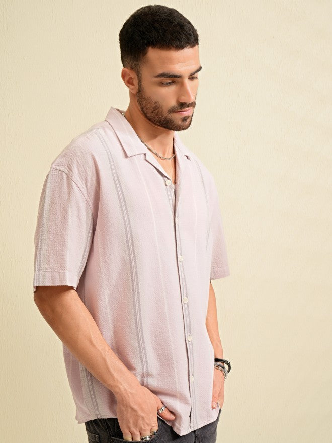 Locomotive Men Pink Striped Oversized Fit Casual Shirt - Pink - Image 6