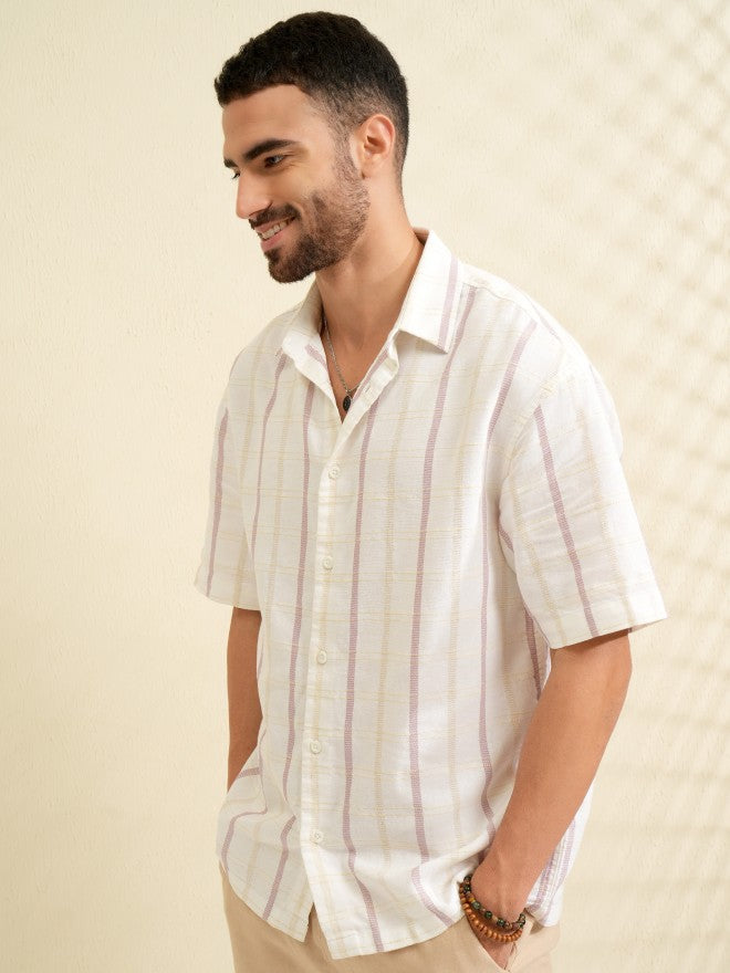 Locomotive Men White Striped Oversized Fit Casual Shirt - White - Image 4