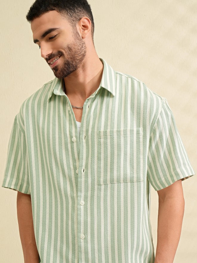 Locomotive Men Green Striped Oversized Fit Casual Shirt - Green - Image 1
