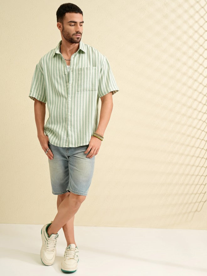 Locomotive Men Green Striped Oversized Fit Casual Shirt - Green - Image 2