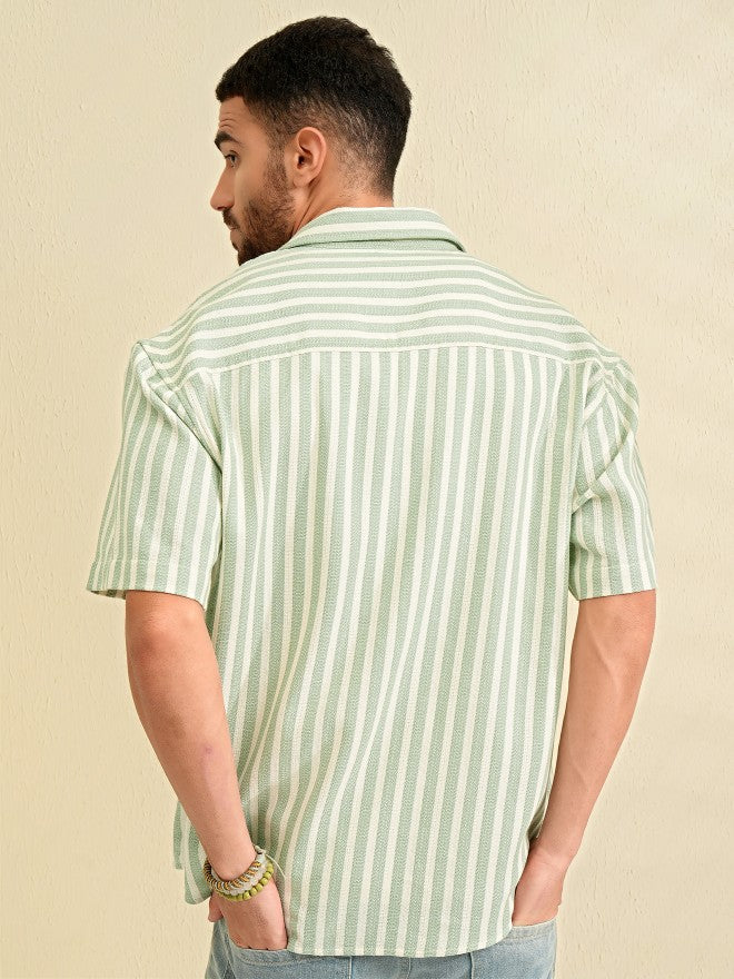 Locomotive Men Green Striped Oversized Fit Casual Shirt - Green - Image 3