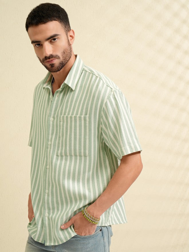 Locomotive Men Green Striped Oversized Fit Casual Shirt - Green - Image 4