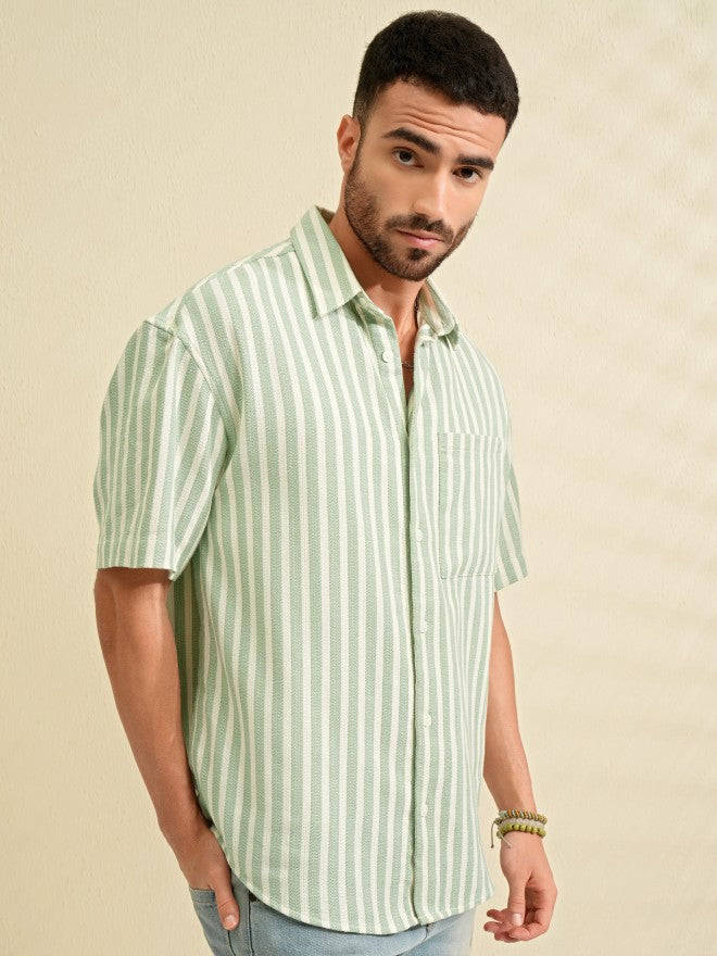 Locomotive Men Green Striped Oversized Fit Casual Shirt - Green - Image 6