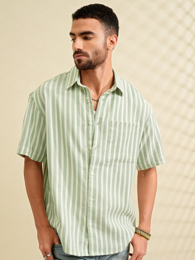 Locomotive Men Green Striped Oversized Fit Casual Shirt - Green - Image 7