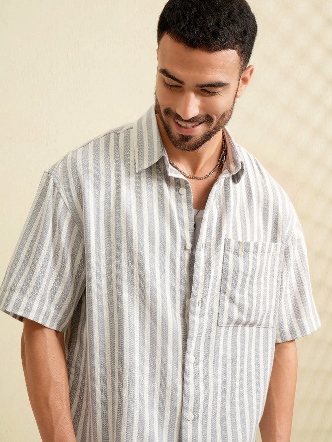 Locomotive Men Grey Striped Oversized Fit Casual Shirt - Grey - Image 1
