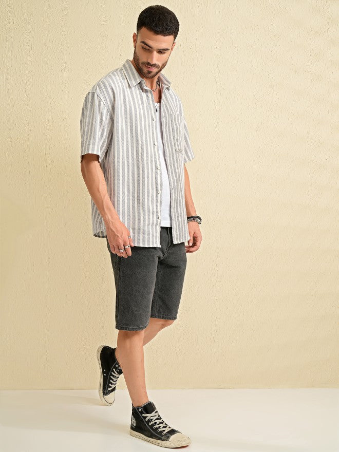 Locomotive Men Grey Striped Oversized Fit Casual Shirt - Grey - Image 2