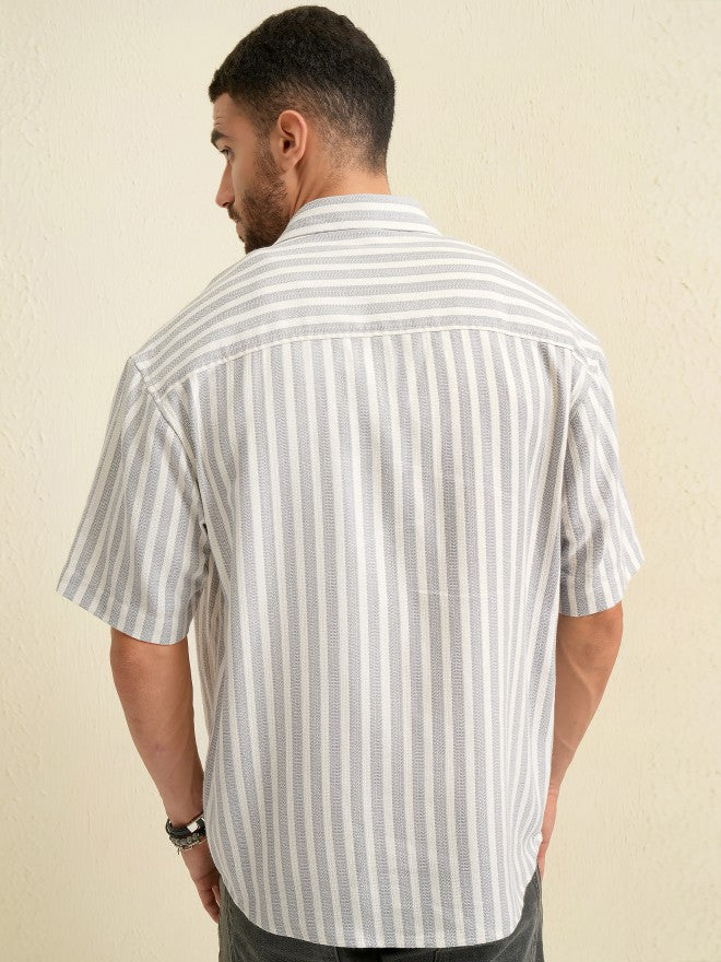Locomotive Men Grey Striped Oversized Fit Casual Shirt - Grey - Image 3