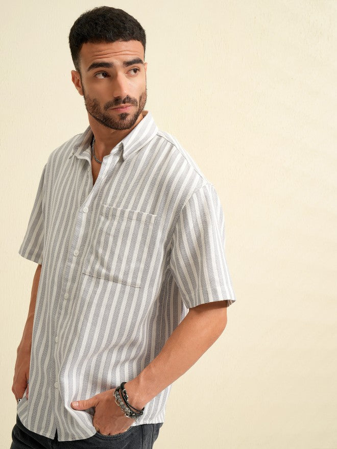 Locomotive Men Grey Striped Oversized Fit Casual Shirt - Grey - Image 4