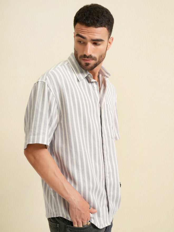 Locomotive Men Grey Striped Oversized Fit Casual Shirt - Grey - Image 6