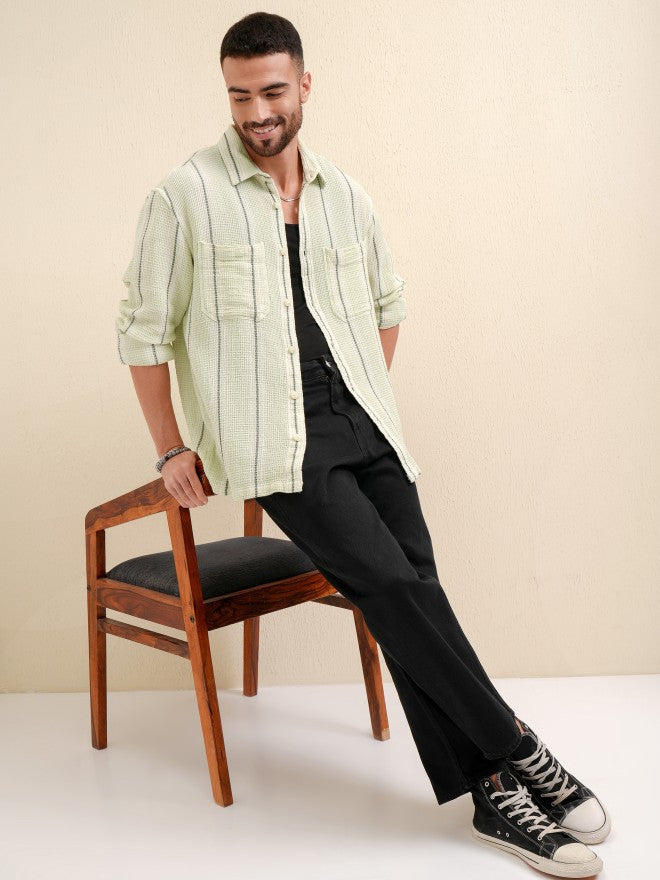 Locomotive Premium Men Green Striped Oversized Fit Casual Shirt - Green - Image 2