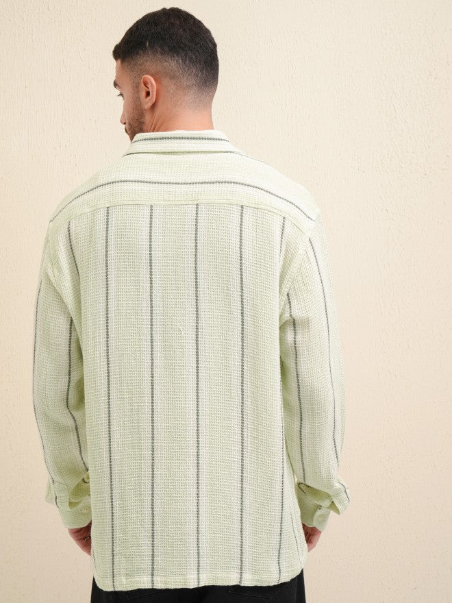 Locomotive Premium Men Green Striped Oversized Fit Casual Shirt - Green - Image 3