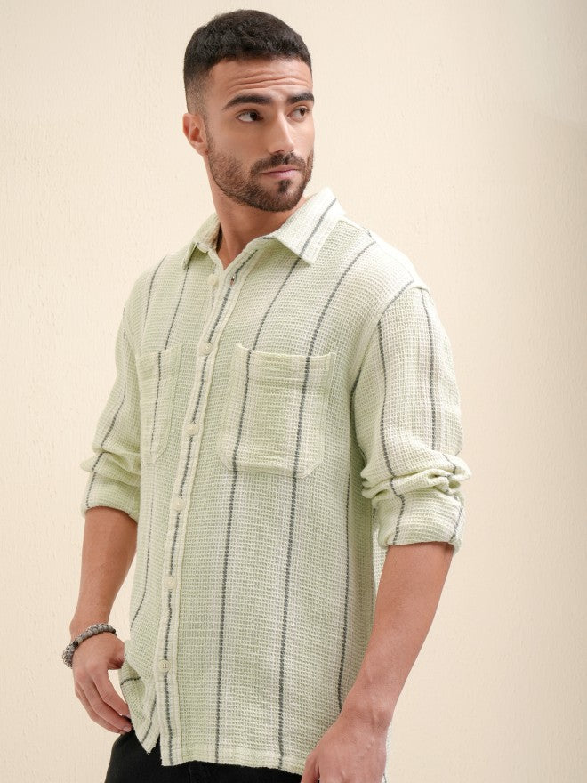 Locomotive Premium Men Green Striped Oversized Fit Casual Shirt - Green - Image 4