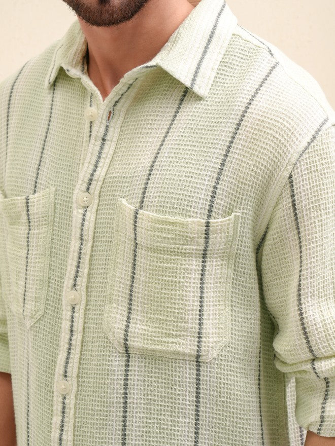 Locomotive Premium Men Green Striped Oversized Fit Casual Shirt - Green - Image 5
