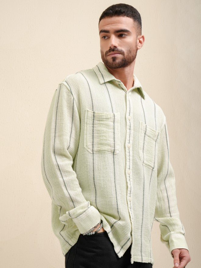 Locomotive Premium Men Green Striped Oversized Fit Casual Shirt - Green - Image 6