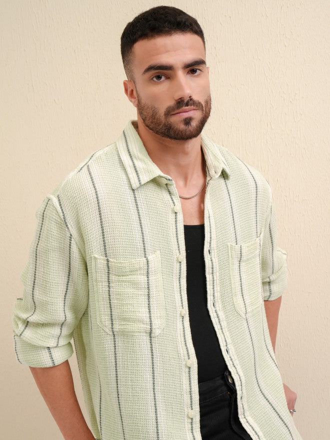 Locomotive Premium Men Green Striped Oversized Fit Casual Shirt - Green - Image 7