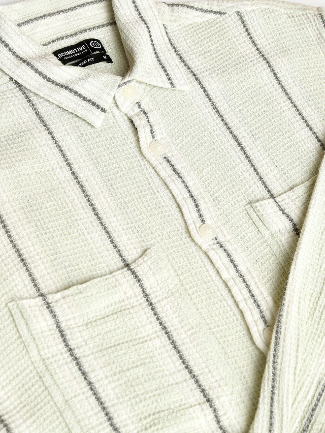 Locomotive Premium Men Green Striped Oversized Fit Casual Shirt - Green - Image 8