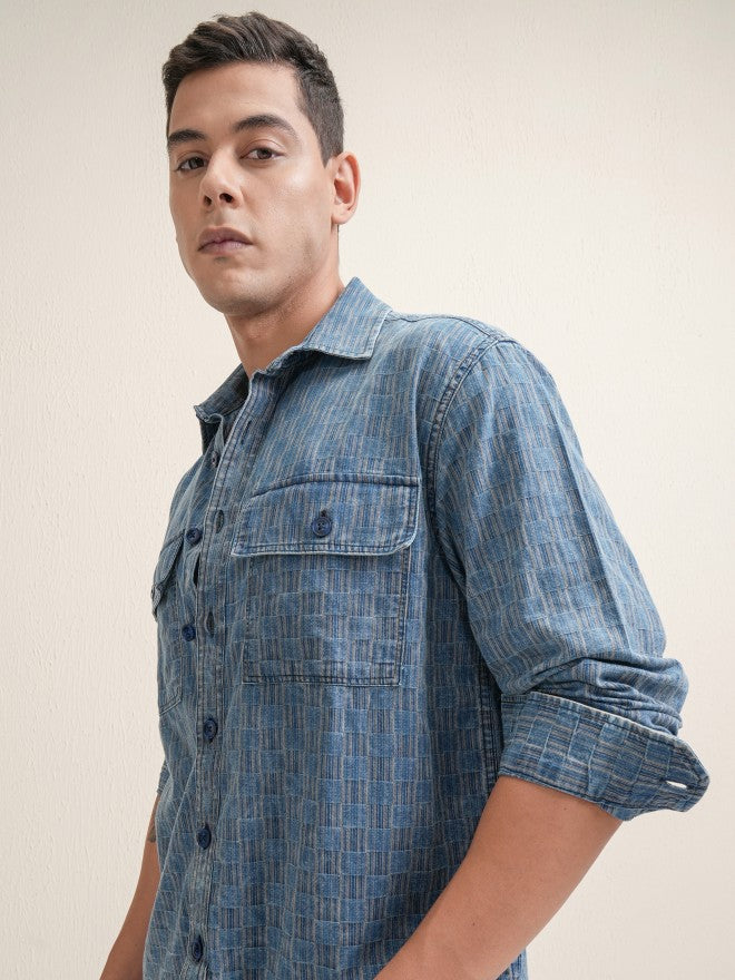 Locomotive Premium Men Navy Blue Striped Oversized Fit Casual Shirt - Navy Blue - Image 1