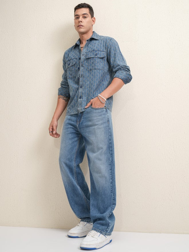 Locomotive Premium Men Navy Blue Striped Oversized Fit Casual Shirt - Navy Blue - Image 2