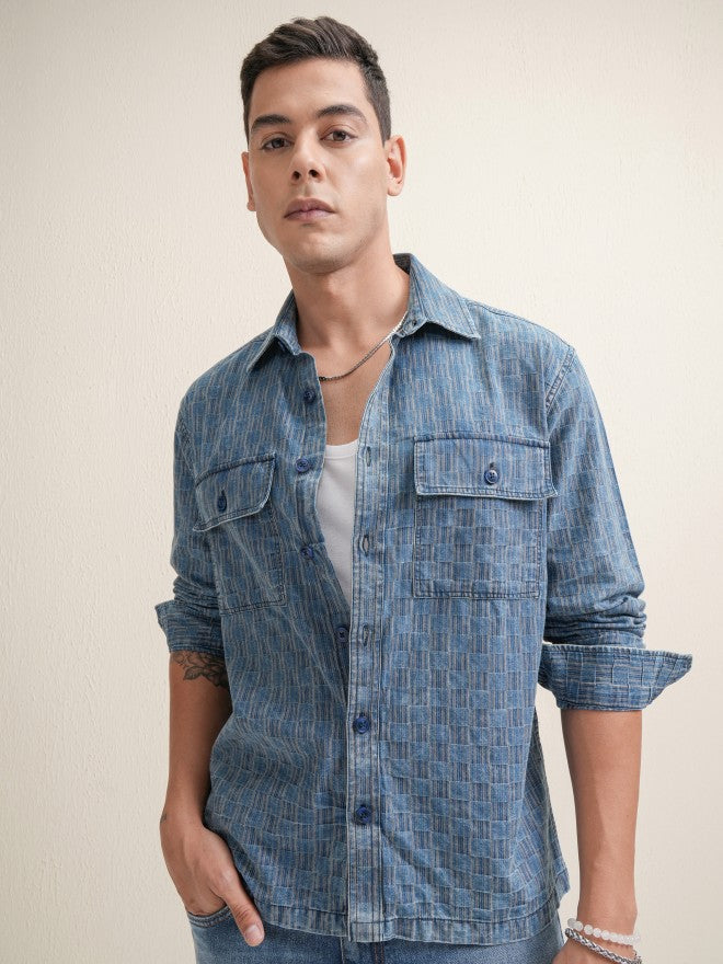 Locomotive Premium Men Navy Blue Striped Oversized Fit Casual Shirt - Navy Blue - Image 4