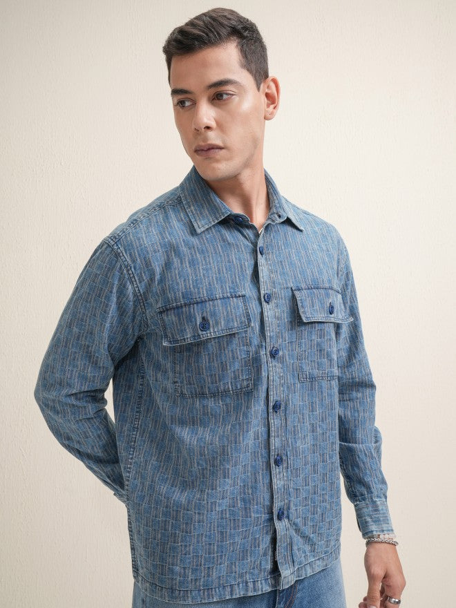 Locomotive Premium Men Navy Blue Striped Oversized Fit Casual Shirt - Navy Blue - Image 6