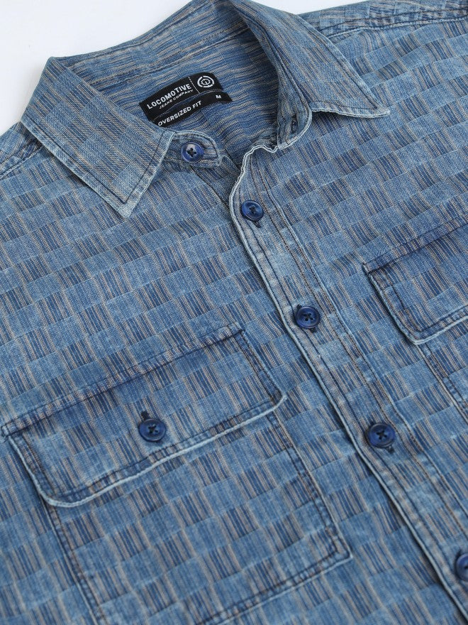 Locomotive Premium Men Navy Blue Striped Oversized Fit Casual Shirt - Navy Blue - Image 7
