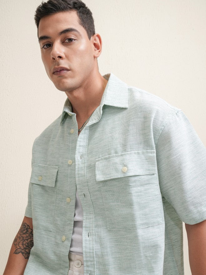 Locomotive Men Blue Self Design Oversized Fit Casual Shirt - Green - Image 1