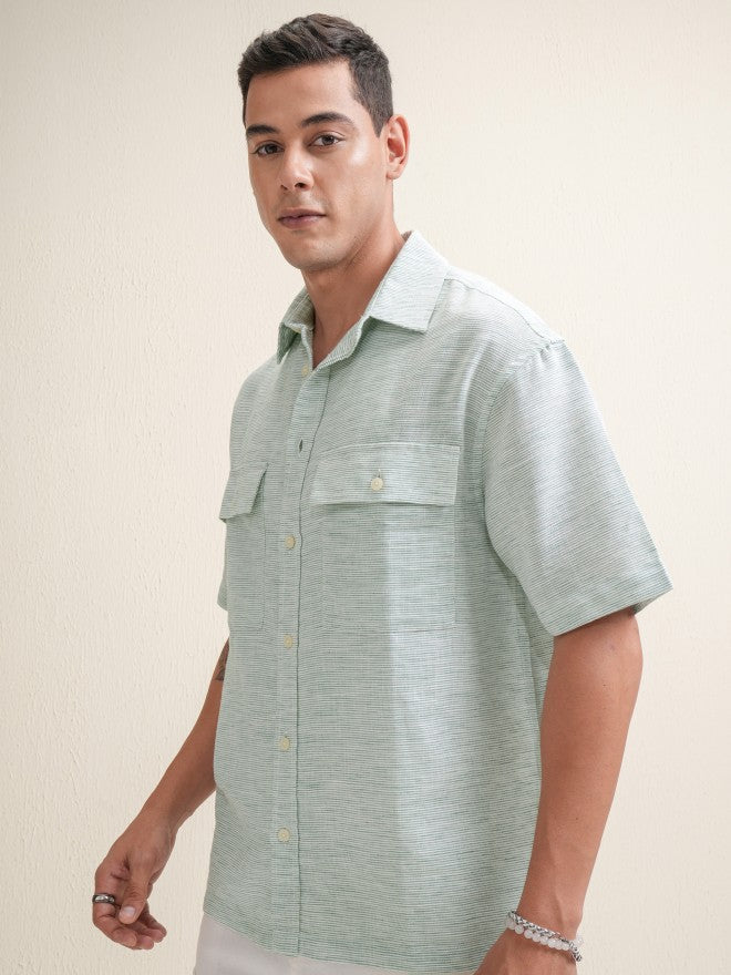 Locomotive Men Blue Self Design Oversized Fit Casual Shirt - Green - Image 4