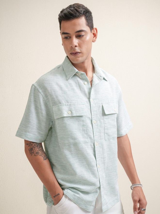 Locomotive Men Blue Self Design Oversized Fit Casual Shirt - Green - Image 6