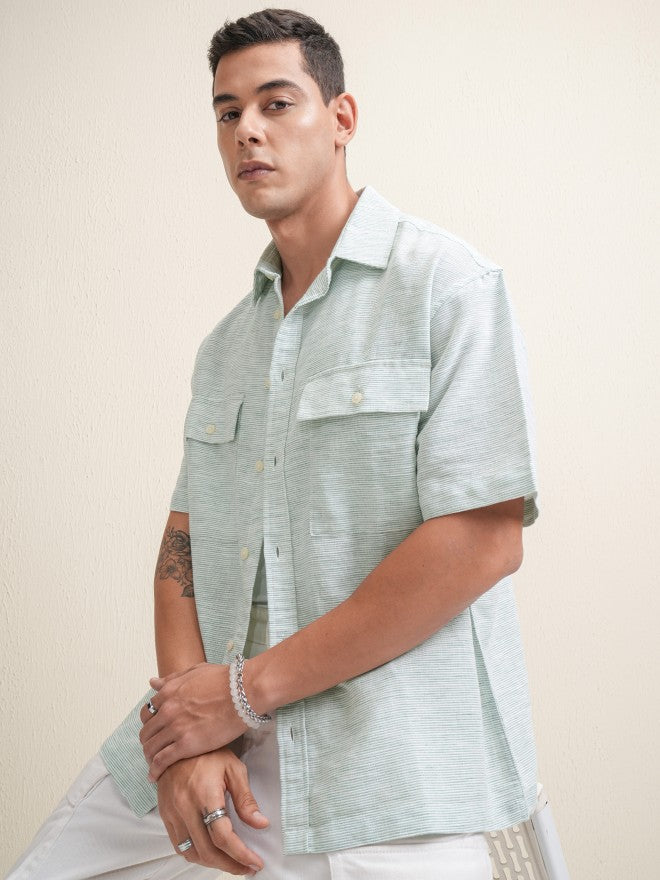 Locomotive Men Blue Self Design Oversized Fit Casual Shirt - Green - Image 7