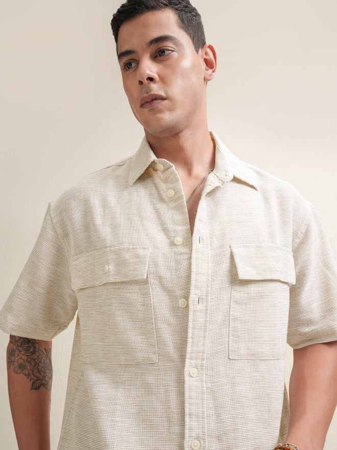 Locomotive Men Beige Self Design Oversized Fit Casual Shirt - Beige - Image 1